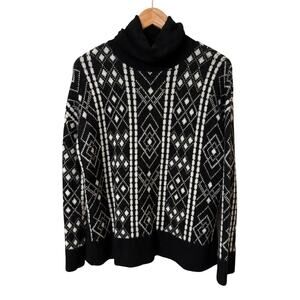 Loft Wool Blend Fair Isle Turtleneck Sweater Womens Sz Medium Winter Black White